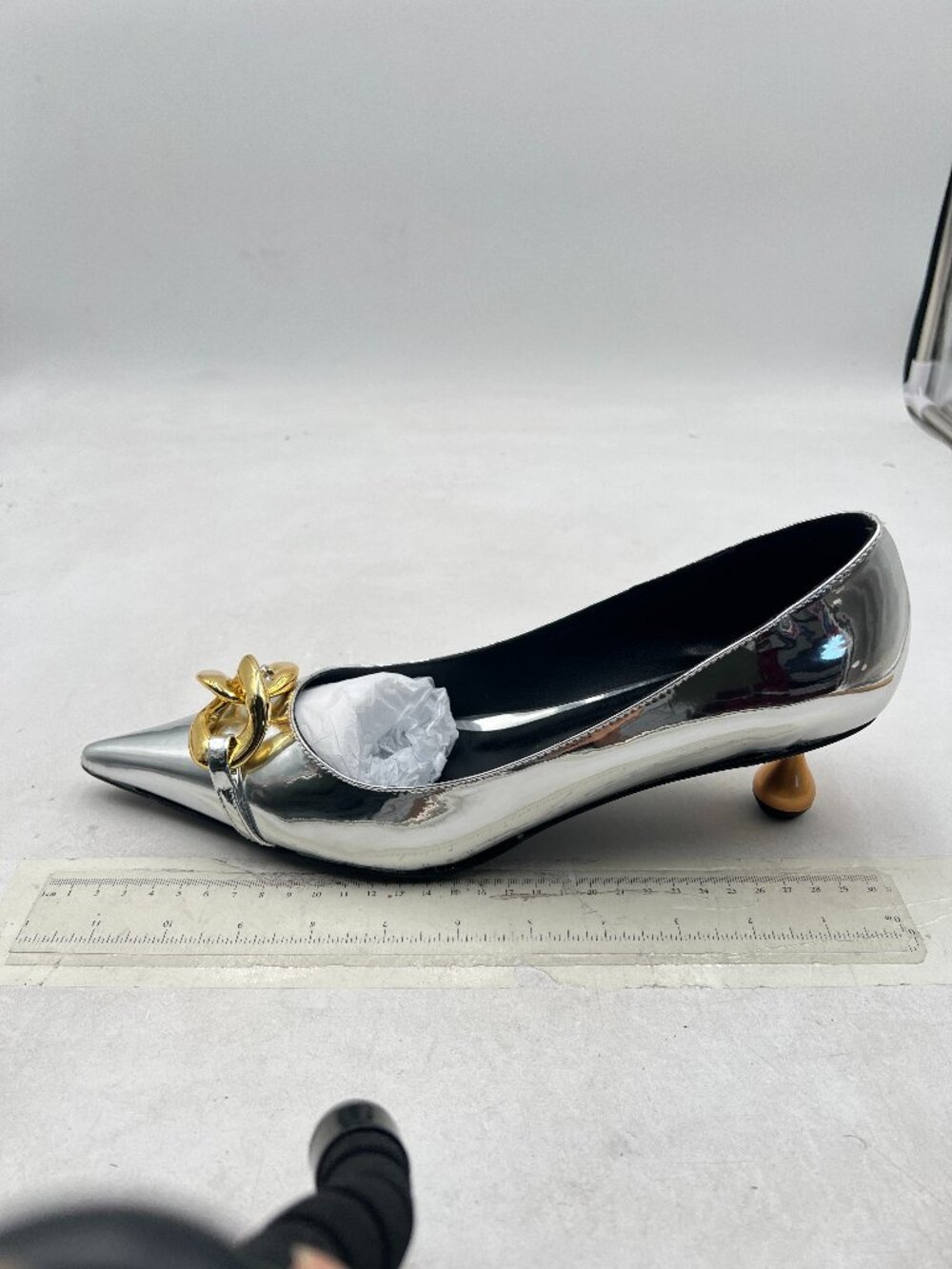 XYD Silver Metal Heel Chains Pointy Toe Pumps Low Heel Pointed Toe Slip On Pump